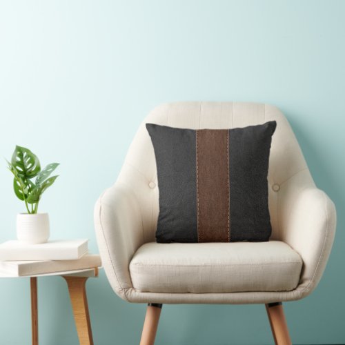 Rustic black and brown stitched leather throw pillow