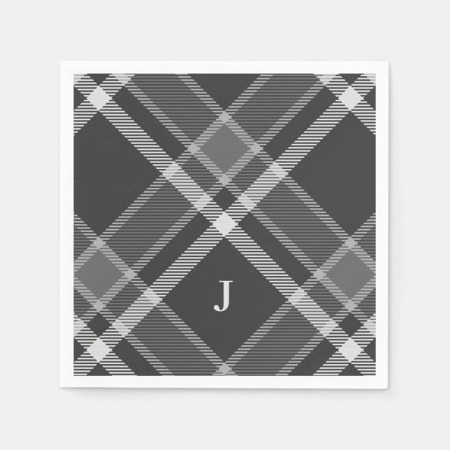 Rustic Black and Gray Tartan Plaid with Monogram Napkins (Front)
