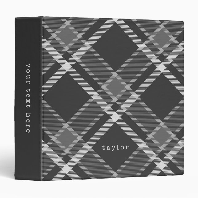 Rustic Black and Gray Tartan Plaid with Name 3 Ring Binder (Front/Spine)