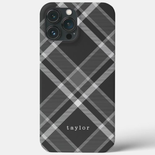 Rustic Black and Gray Tartan Plaid with Name iPhone 13 Pro Max Case