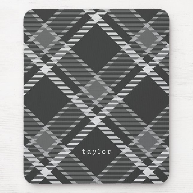 Rustic Black and Gray Tartan Plaid with Name Mouse Pad (Front)