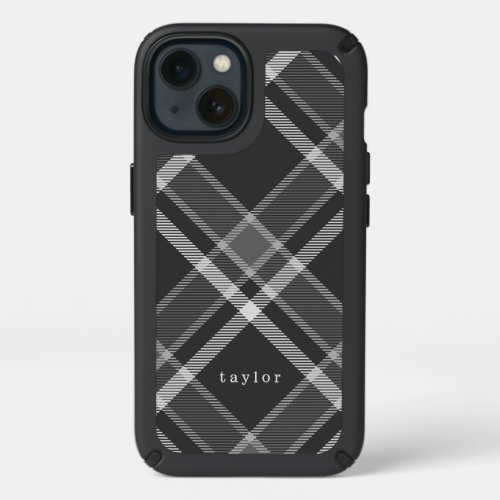 Rustic Black and Gray Tartan Plaid with Name Speck iPhone 13 Case