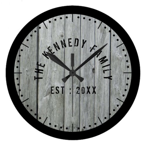 Rustic Black And Gray Wood Family Name Large Clock