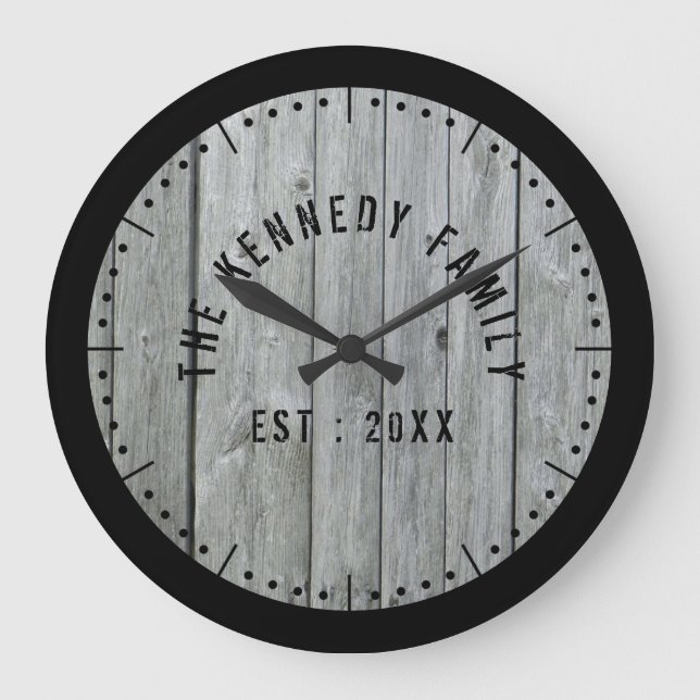 Rustic Black And Gray Wood Family Name Large Clock (Front)