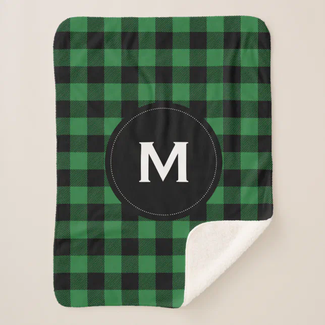 Rustic Black and Green Plaid Pattern Monogram Sherpa Blanket | Zazzle