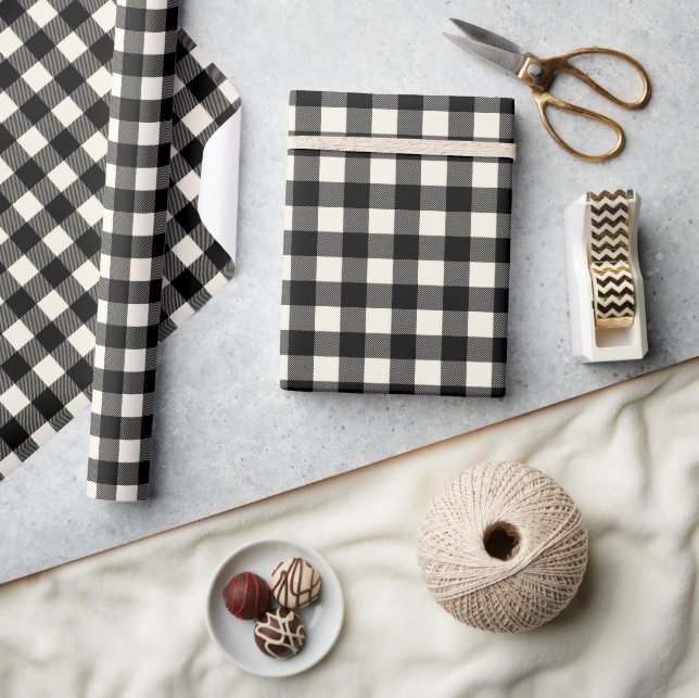 Rustic Black and Off White Buffalo Plaid Christmas Wrapping Paper (Crafts)