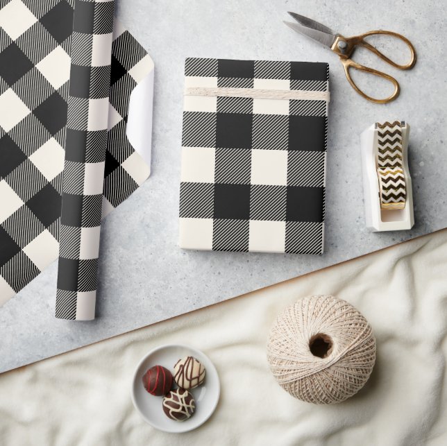 Rustic Black and Off White Buffalo Plaid Christmas Wrapping Paper (Crafts)