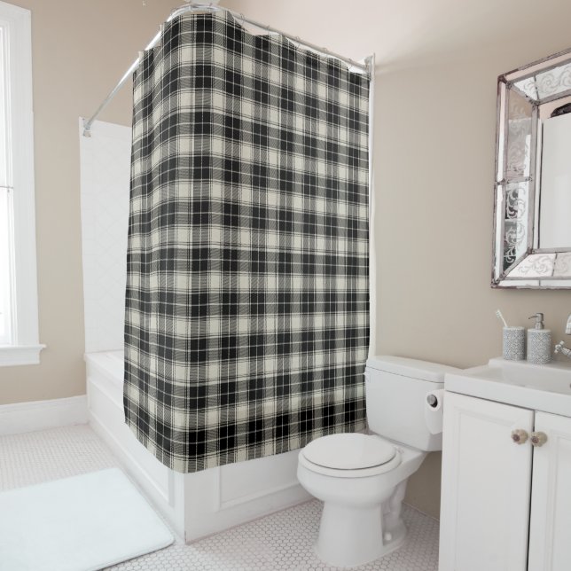 Rustic Black and Off-White Plaid Pattern Shower Curtain (In Situ)