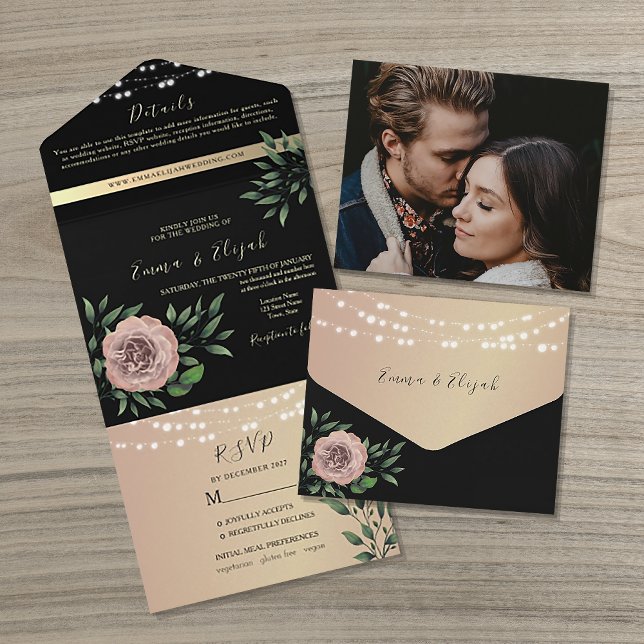 Rustic Black and Pink Floral Wedding All In One Invitation (Creator Uploaded)