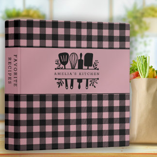 Rustic Black and Pink Plaid Personalized Recipe 3 Ring Binder