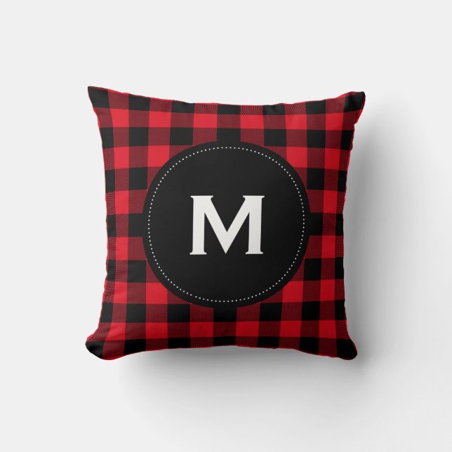 Rustic Black and Red Plaid Pattern Monogram Throw Pillow (Front)