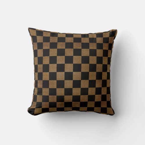 Rustic Black and Tan Checkered Burlap Throw Pillow