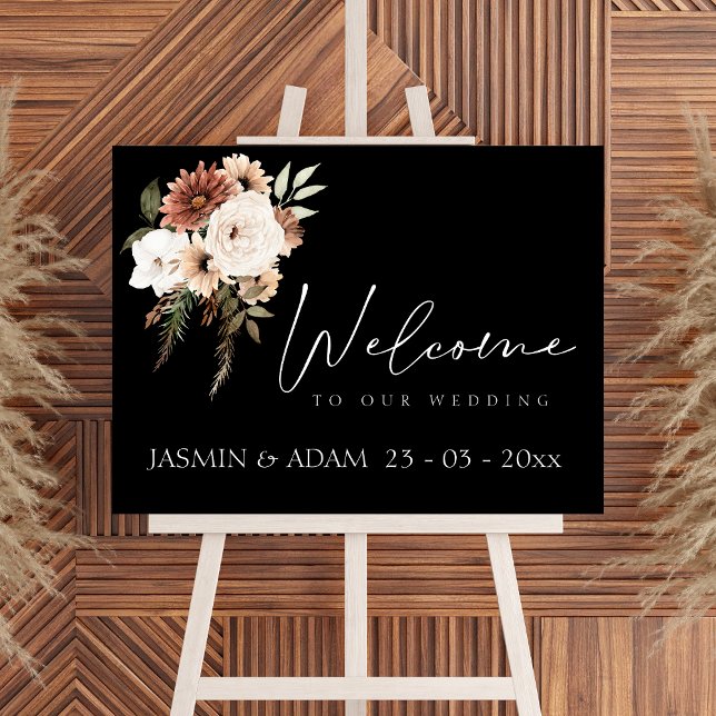Rustic Black and Terracotta Floral Script Wedding Poster (Rustic Black and Peach Floral Wedding Sign)