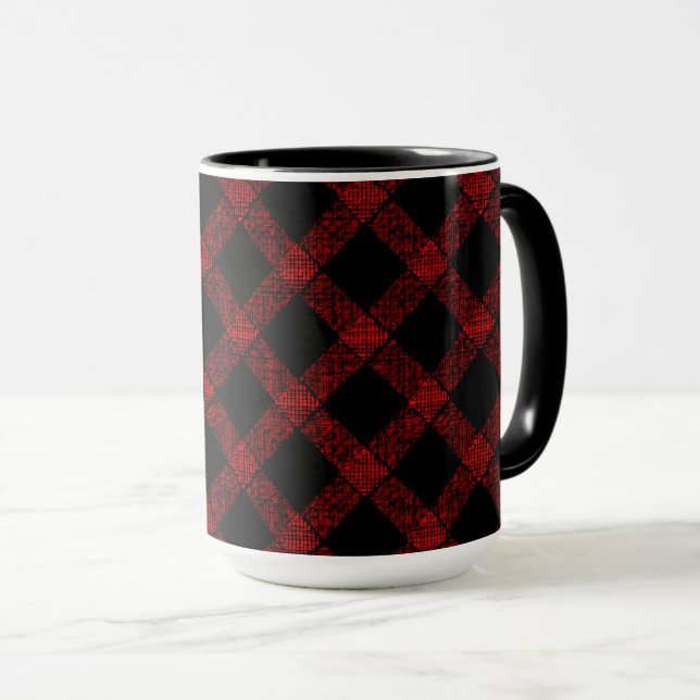Rustic black and vivid red plaid with thick lines  mug (Front Right)