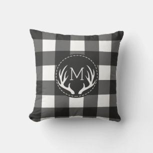 Rustic Black and White Antlers Monogram Throw Pillow