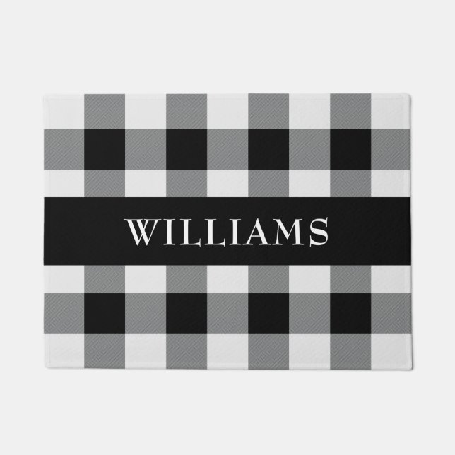 Rustic Black and White Buffalo Check Monogram Doormat (Front)