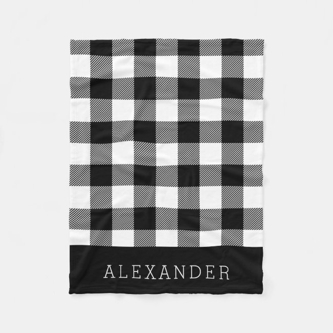 Rustic Black and White Buffalo Check Monogram Fleece Blanket