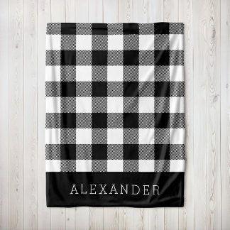 Rustic Black and White Buffalo Check Monogram Fleece Blanket