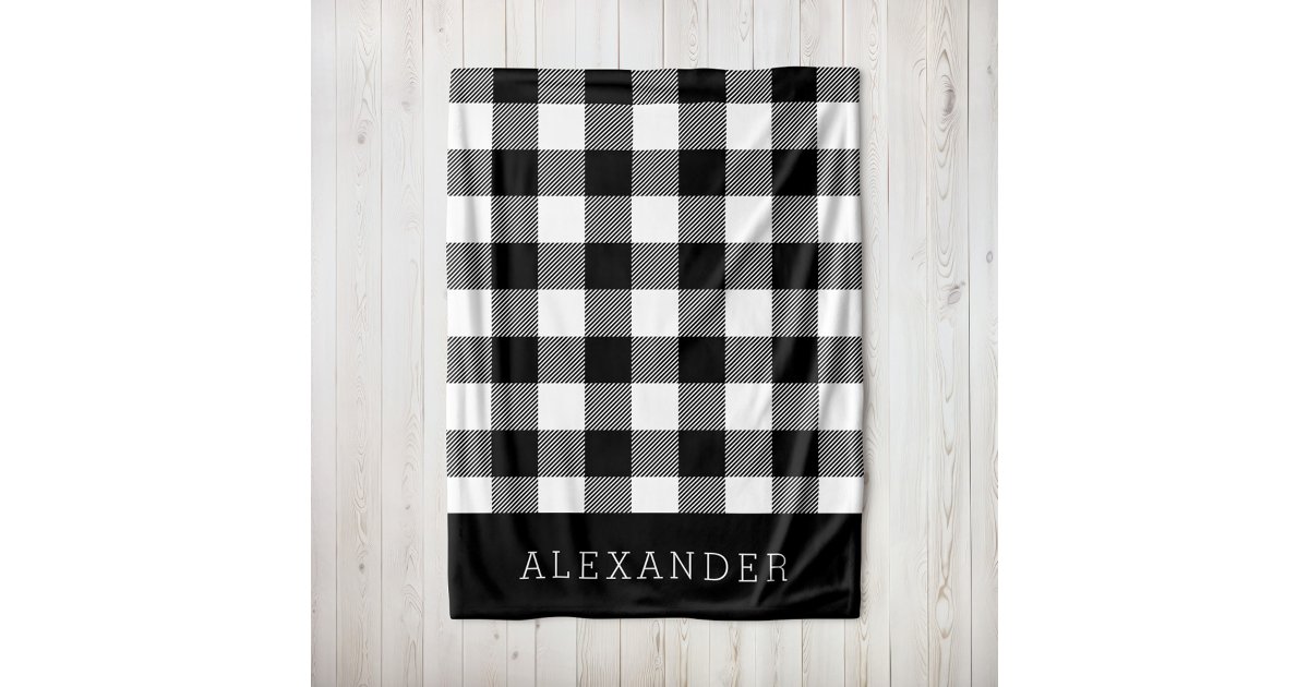 Rustic Black and White Buffalo Check Monogram Fleece Blanket | Zazzle