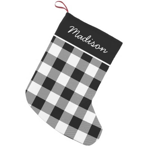 Rustic Black and White Buffalo Check Monogram Small Christmas Stocking