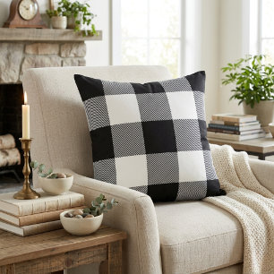 Rustic Black and White Buffalo Plaid Farmhouse Throw Pillow