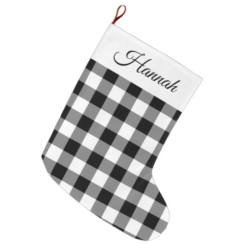 Rustic Black And White Buffalo Plaid  Large Christmas Stocking