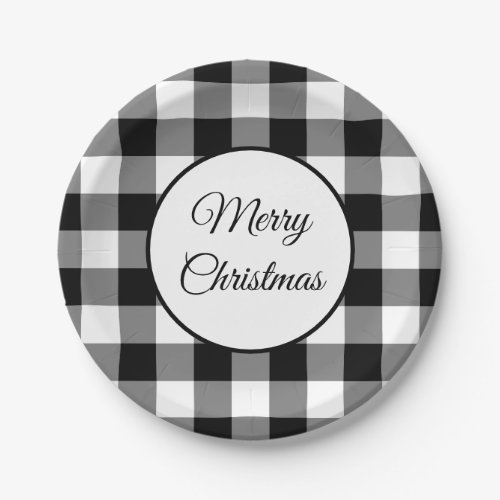 Rustic Black And White Checked Merry Christmas Paper Plates