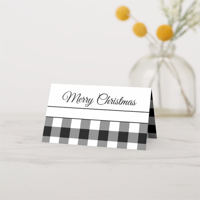 Rustic Black And White Checked Merry Christmas  Place Card (Front)