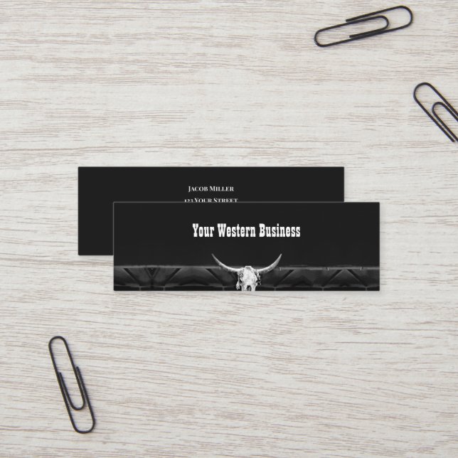 Rustic Black And White Country Western Bull Skull Mini Business Card (Front/Back In Situ)