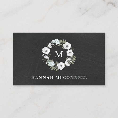 Rustic Black and White Floral  Monogram Business Card