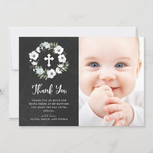 Rustic Black and White Floral  Photo Baptism Thank You Card