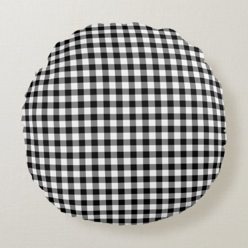 Rustic Black And White Gingham Checked Pattern Round Pillow