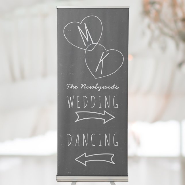 Rustic Black and White Heart Monogram Wedding Retractable Banner (Wedding and Dancing? This retractable banner covers them both. Add your details!)