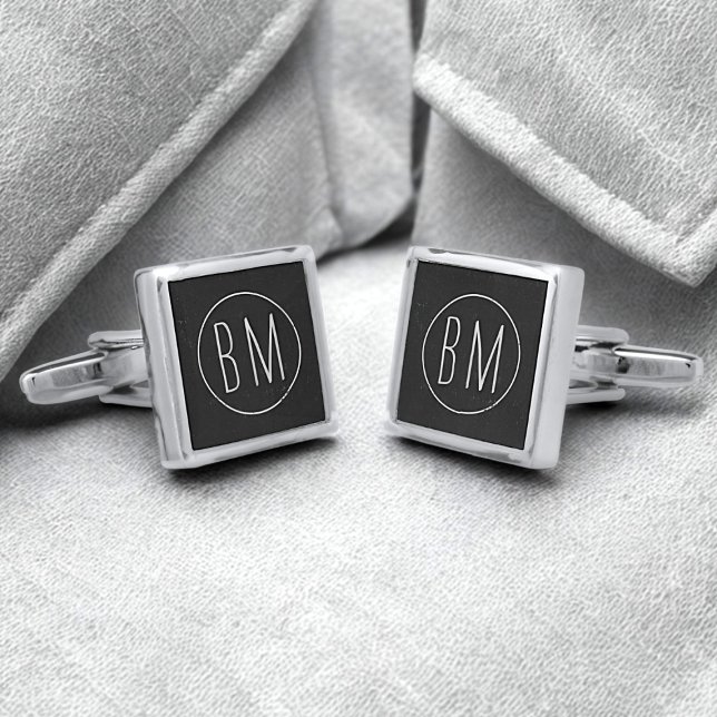 Rustic Black and White Monogram Silver Cufflinks (Add your initials to these silver cufflinks with a chalkboard vibe. Perfect for your Bridesman)