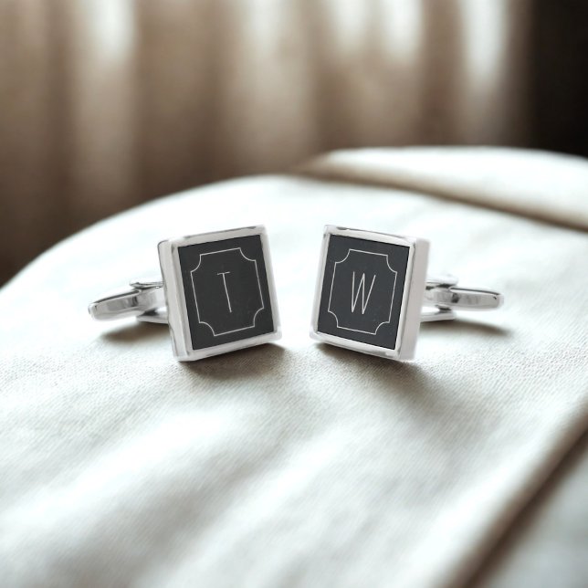 Rustic Black and White Monogram Square Cufflinks (Rustic chalkboard wedding cufflinks for any member of your bridal party. Just add your initials)