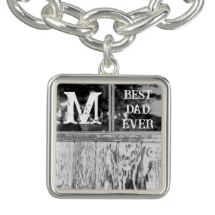 Rustic Black and White Photo Best Dad Ever Initial Bracelet