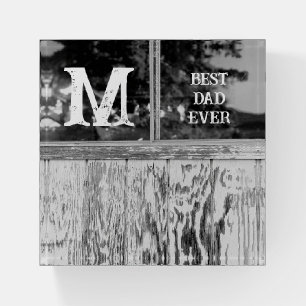 Rustic Black and White Photo Best Dad Ever Initial Paperweight