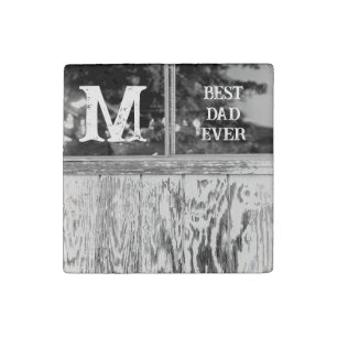 Rustic Black and White Photo Best Dad Ever Initial Stone Magnet