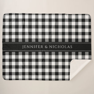 Rustic Black And White Plaid Checks Name Sherpa Blanket