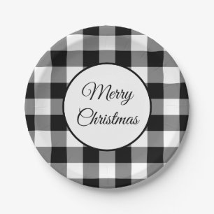 Rustic Black And White Plaid Christmas Paper Plates
