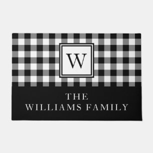 Rustic Black And White Plaid Family Name Doormat