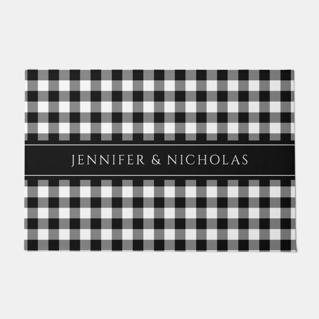 Rustic Black And White Plaid Gingham Name  Doormat (Front)