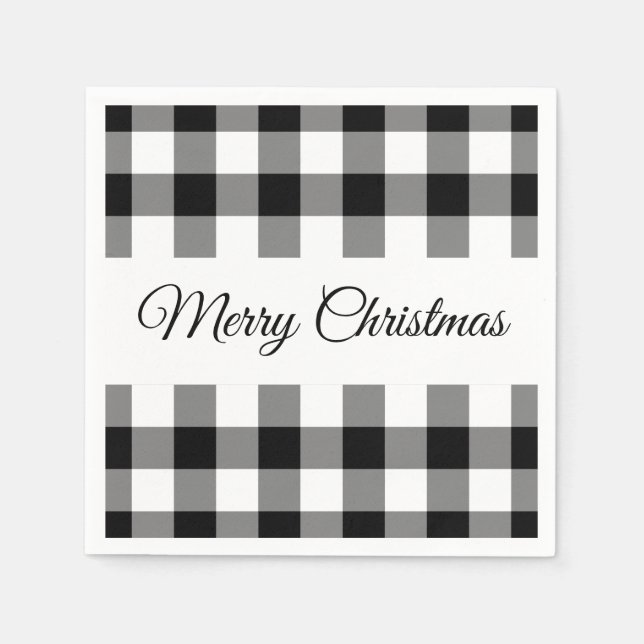 Rustic Black And White Plaid Merry Christmas Napkins (Front)