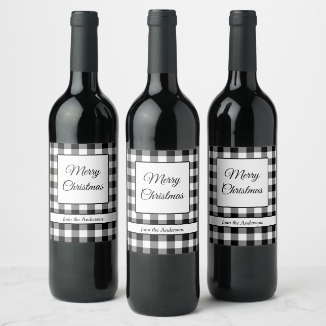 Rustic Black And White Plaid Merry Christmas Wine Label (Bottles)