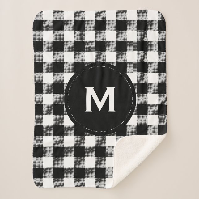 Rustic Black and White Plaid Pattern Monogram Sherpa Blanket (Front)