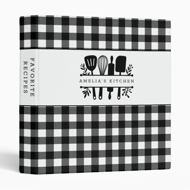 Rustic Black and White Plaid Personalized Recipe  3 Ring Binder (Front/Spine)