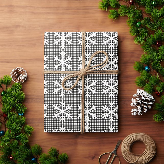 Rustic Black and White Plaid Snowflake Christmas Wrapping Paper (Creator Uploaded)