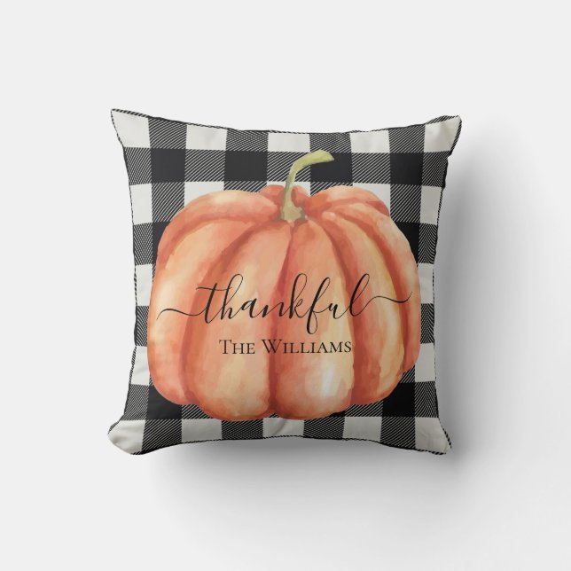 Rustic Black and White Plaid Watercolor Pumpkin Throw Pillow (Front)