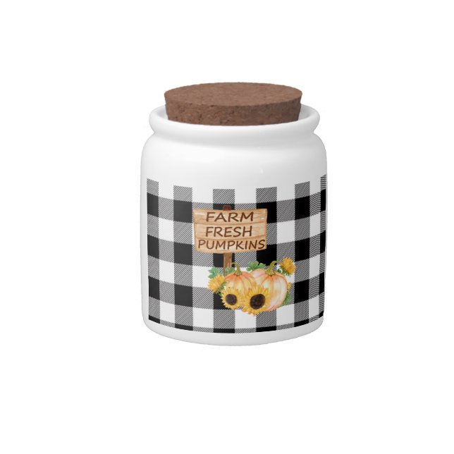 Rustic Black and White Plaid with Fall Pumpkins Candy Jar (Front)