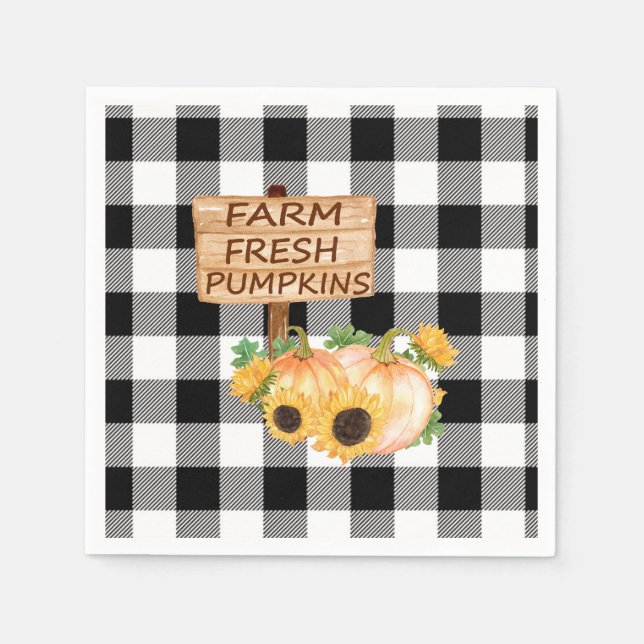Rustic Black and White Plaid with Fall Pumpkins Napkins (Front)